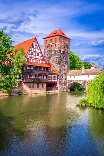 Foto der Maxbrücke in Nürnberg an einem wolkenlosen Tag, im Vordergrund ist die Pegnitz zu sehen